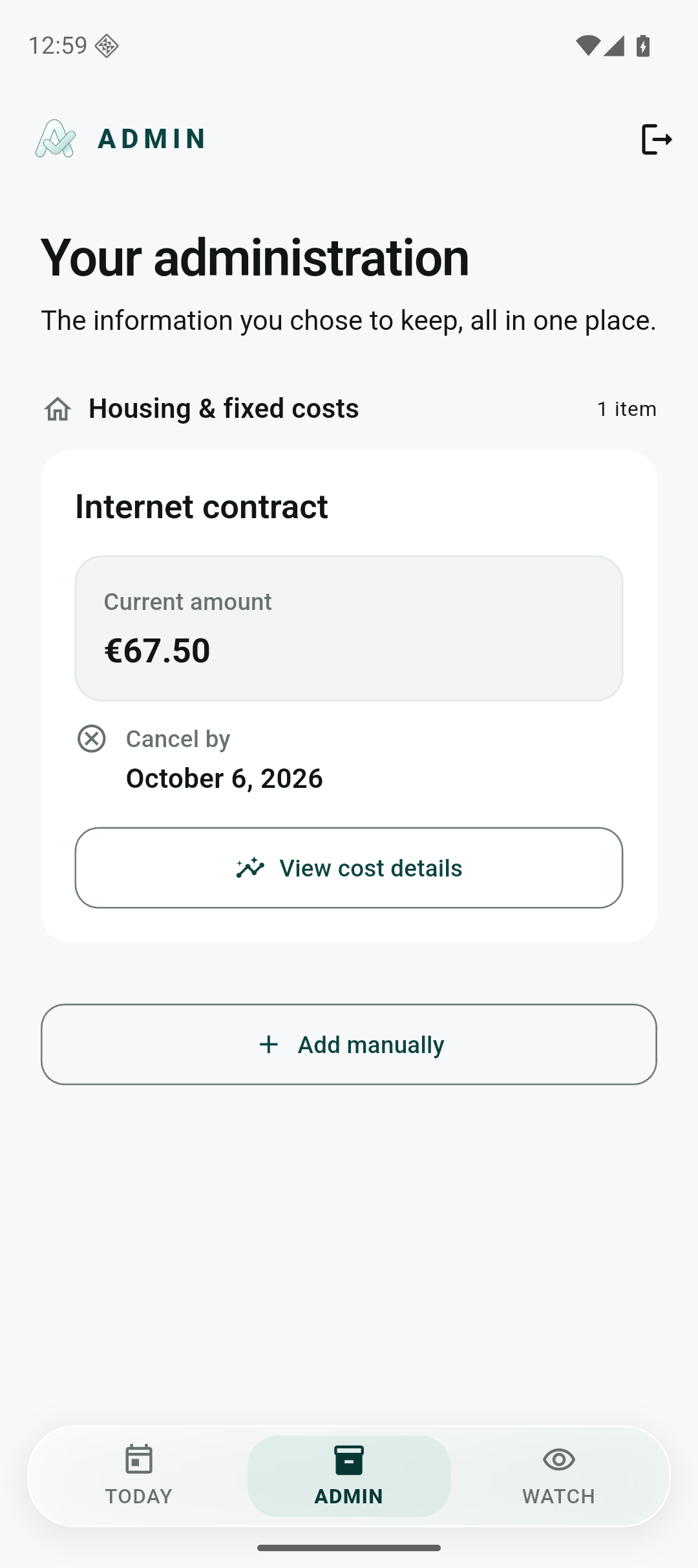 ADMIN · recordoverzicht. Android, Licht · 100%
